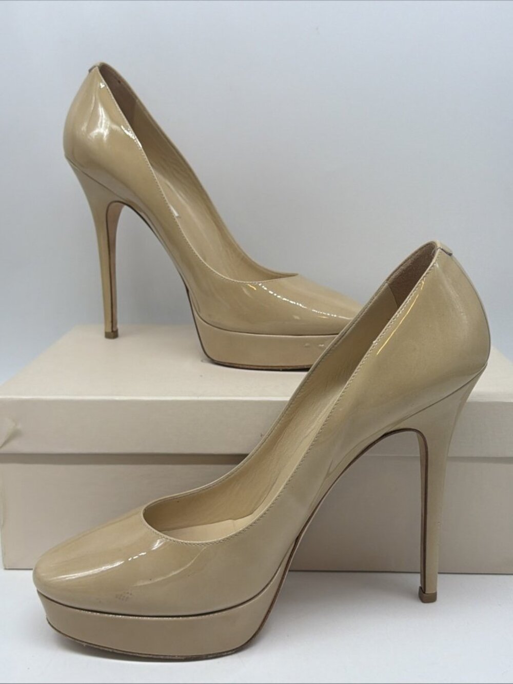 Jimmy Choo London 247 Cosmic Patent Leather Nude Platform Sz EU 40 USA 9.5 SEE